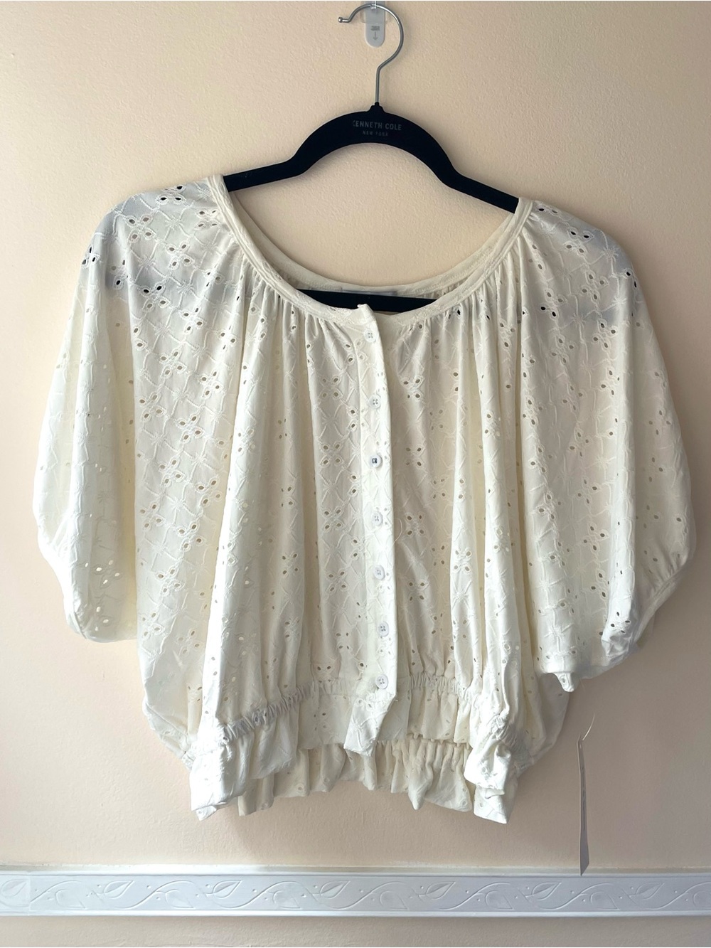 Cream Eyelet Button-Front Peasant Blouse